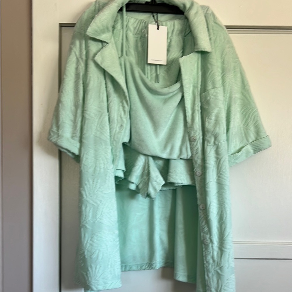 7 For All Mankind 3-Piece Mint Green Button-Up Shirt and Shorts Set